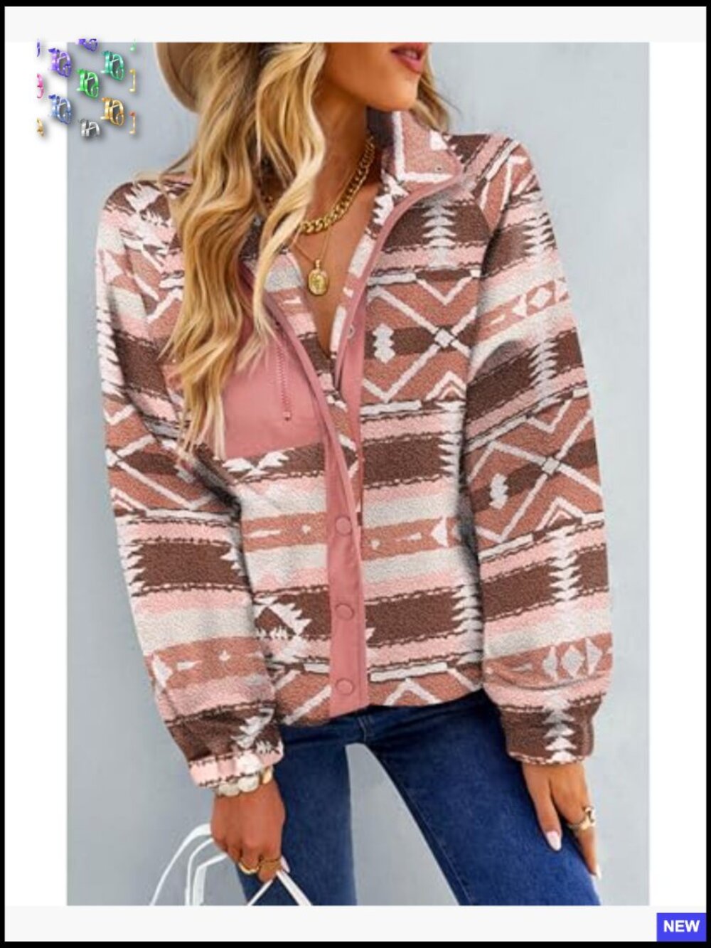 Western Aztec Print Fleece Jacket Snap Button Down Long Sleeve Shacket Pockets - Picture 3 of 7
